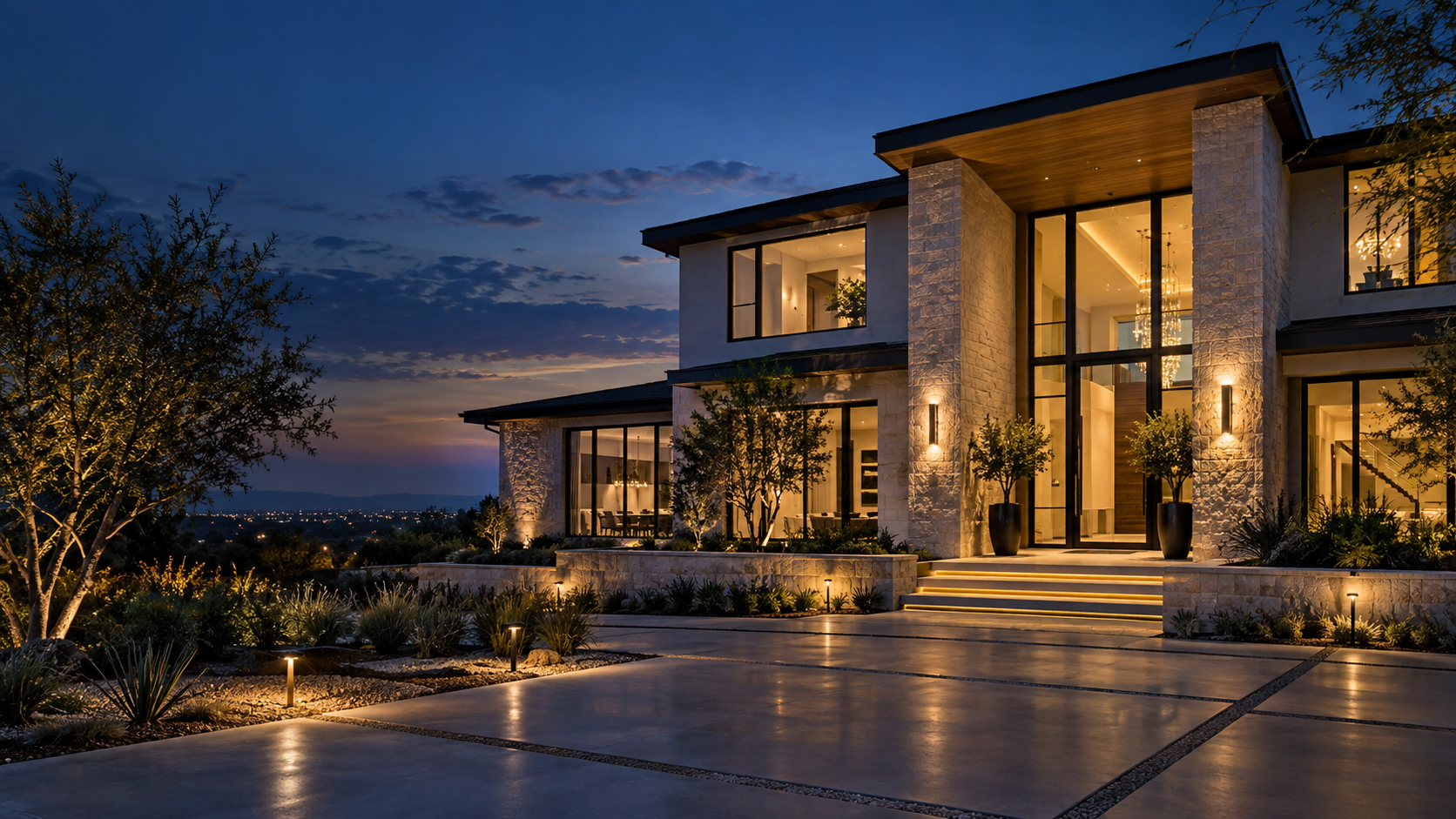 Illustrative contemporary luxury residence with warm evening lighting